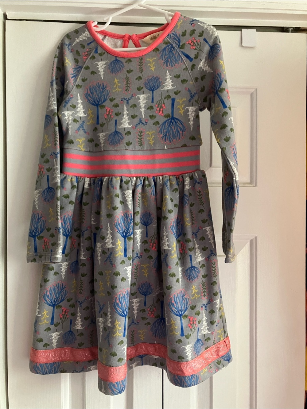 Matilda Jane Grey Woodland Print Dress with Blue and Pink Accents